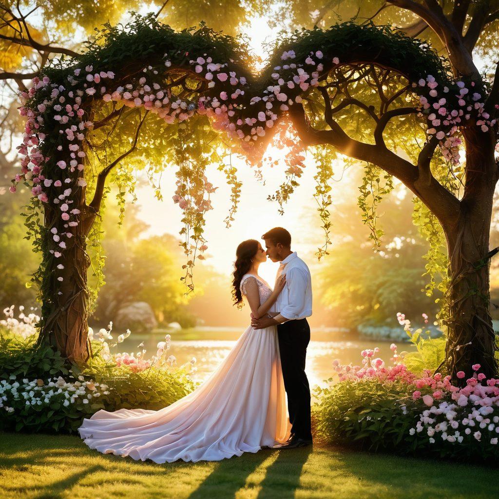 A dreamy couple in a serene, enchanting garden, sharing a moment of connection with soft petals floating around them, symbolizing romance and assurance. The backdrop should feature a warm sunset casting a golden glow, enhancing the cozy atmosphere. Include gentle elements like a heart-shaped vine entwined around a nearby tree. super-realistic. vibrant colors. soft focus.