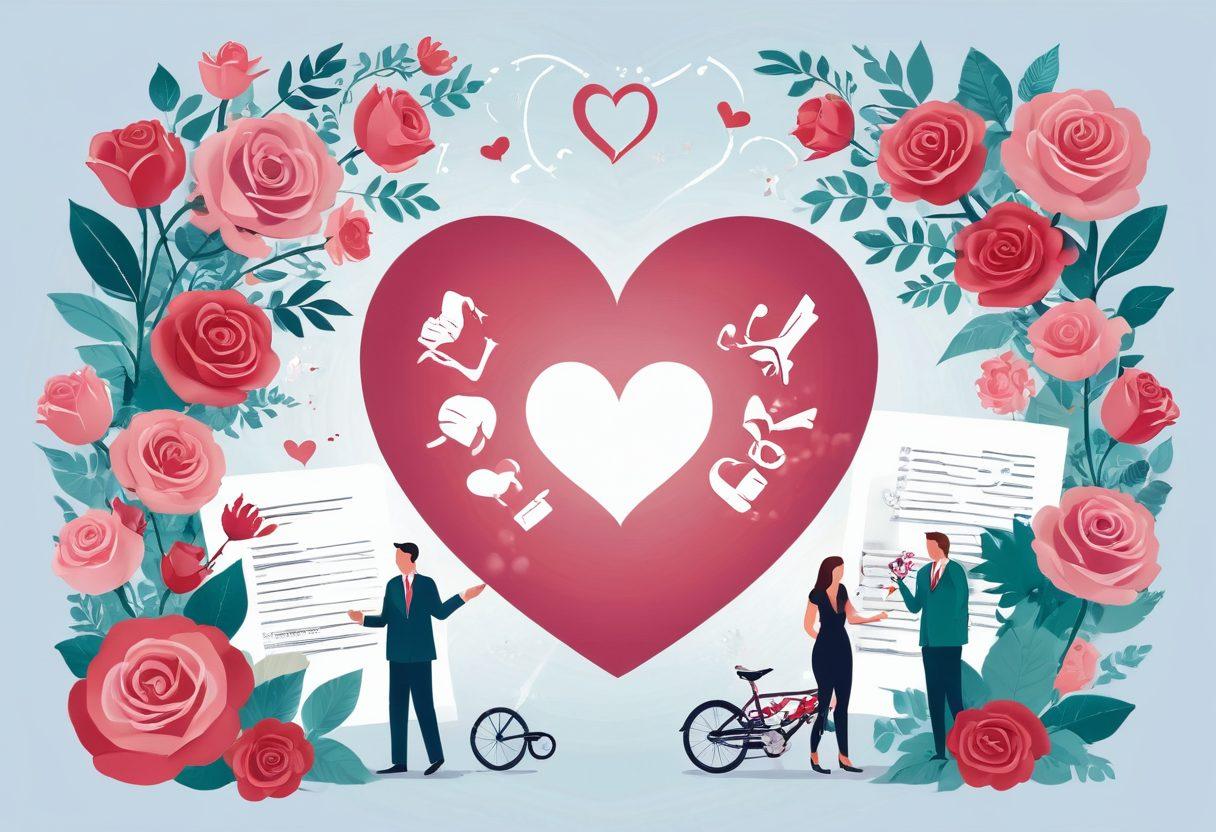 A whimsical illustration of a heart-shaped insurance policy surrounded by romantic symbols like roses and engagement rings, while a couple happily explores their options at an insurance fair with friendly agents. Include a magical aura and soft pastel colors to convey love and reassurance. vector art. vibrant colors.