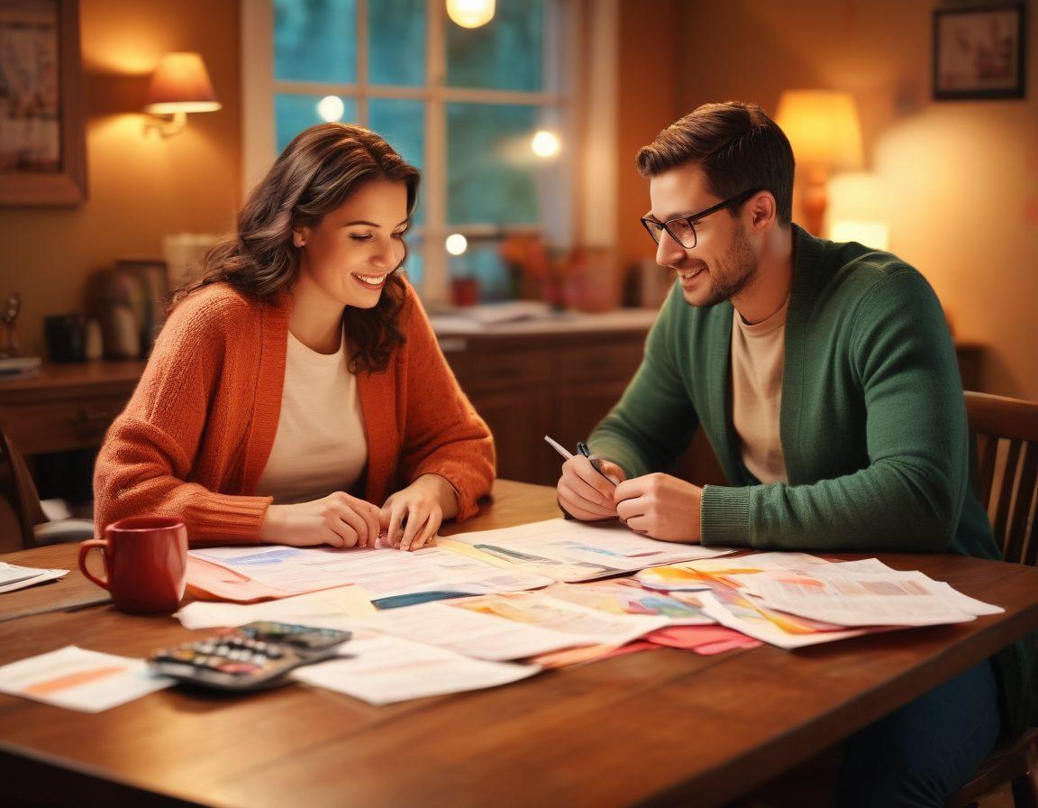 A cozy couple sitting at a table, surrounded by colorful insurance policy documents and a calculator, casually discussing how to save money while ensuring their love life is secure. The scene captures warmth and support, with soft lighting and playful heart shapes around them, representing love and financial guidance. super-realistic. warm tones. cozy atmosphere.